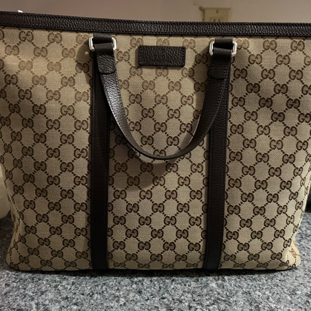 Gucci Large Handbag with strap Dark brown beige canvas tote New